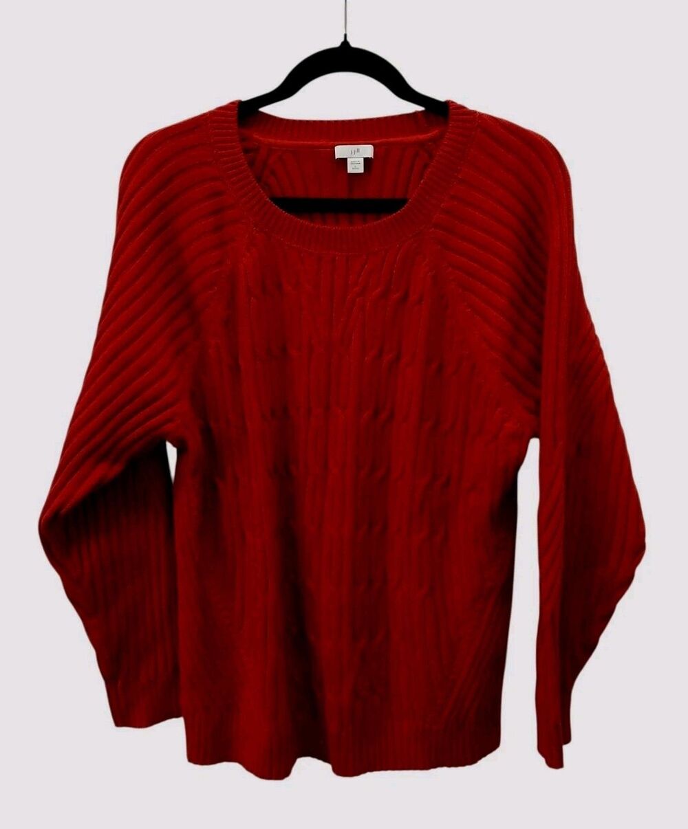 J Jill Sweater Women PL Red Long Sleeve Cableknit Pullover Crewneck Cotton Blend